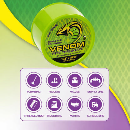 Venom Pro-Grade PTFE Thread Tape, 1/2" x 520" Roll – Professional-Grade, 99.9% Pure, 2X Thicker, No Dyes, UL-Approved for Plumbing, Potable Water, Food Grade, and Oxygen Systems