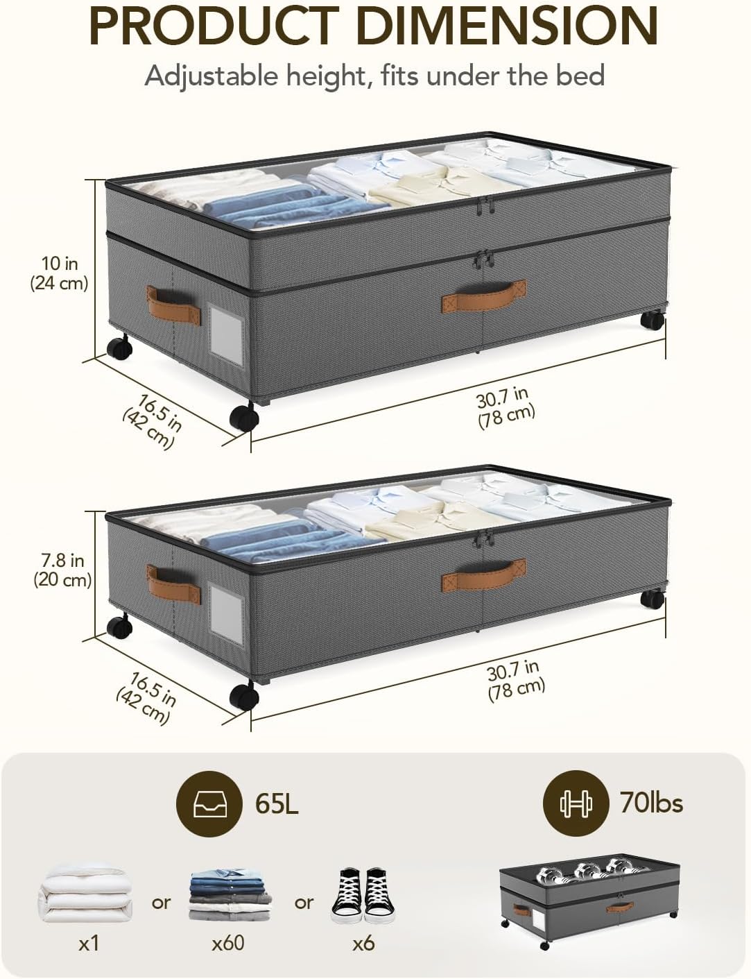 Under Bed Storage with Wheels, 10 inches Under Bed Storage Containers, 65L XXL Large Adjustable Underbed with Lids, Rolling Underbed Storage bins for Shoes, Clothes, Blankets, White