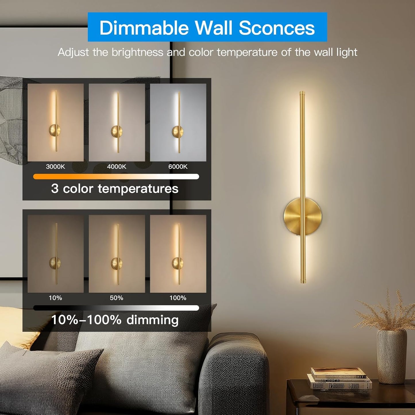 TaoFiaCo Battery Operated Wall Sconces Set of Two,Rechargeable Wall Sconces Set of 2 with Remote Control Dimmable Wall Light Decor for Living Room, Bathroom for, 24 Inch, Gold