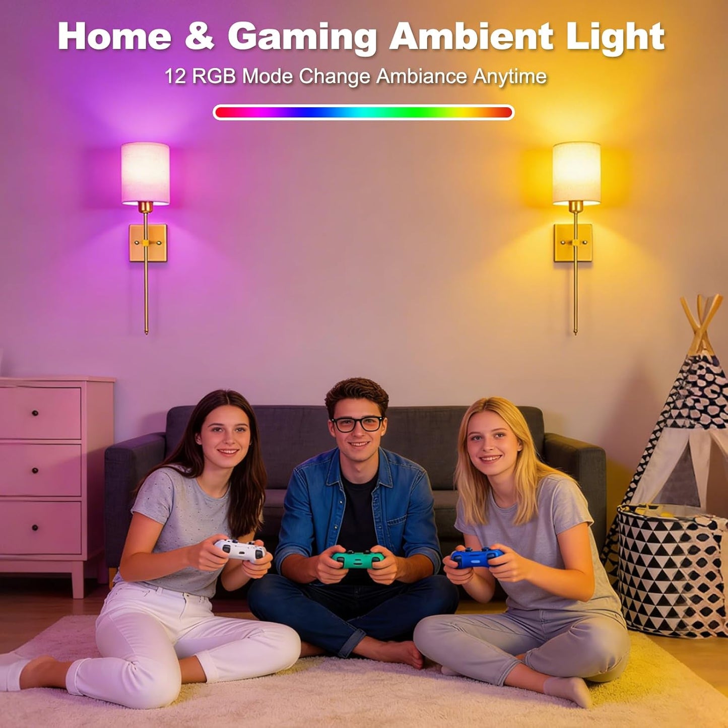 Battery Operated Wall Sconce Set of 2, Black Wireless Wall Lights with Remote 5300mAh Rechargeable Dimmable Bulb, 12 Colors Wireless Wall Sconces for Bedroom Living Room Hallway