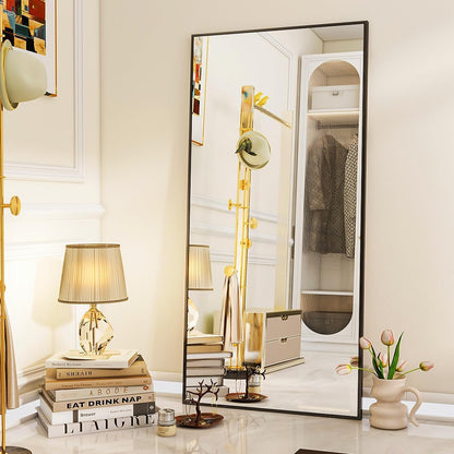 VooBang Mirror Full Length - 21" x 57" Floor Mirror with Stand, Aluminum Alloy Frame Full Body Mirror, Standing Hanging or Leaning Against Wall for Bedroom and Living Room, Black