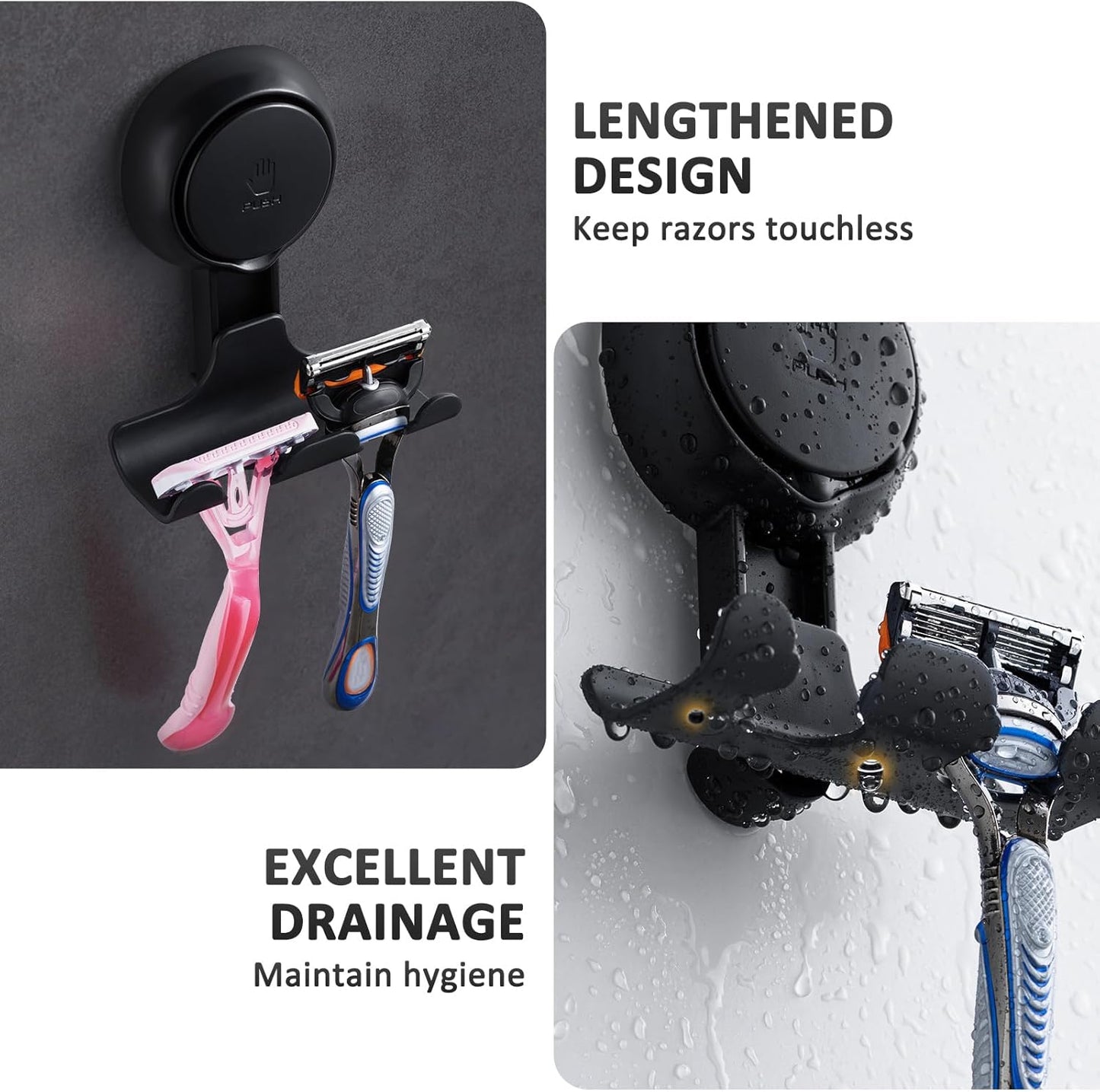 LEVERLOC Razor Holder for Shower 2 Pack, Powerful Suction Cup Shower Hooks for Towel, Loofah, Razor, Squeegee, Damage-Free Wall Hooks, Shaver Holder for Bathroom, Easy to Install and Reuse, White