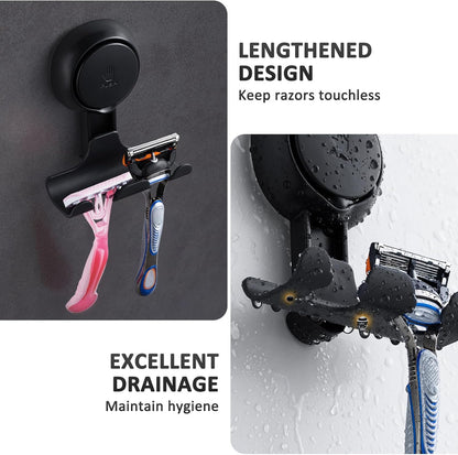 LEVERLOC Razor Holder for Shower 2 Pack, Powerful Suction Cup Shower Hooks for Towel, Loofah, Razor, Squeegee, Damage-Free Wall Hooks, Shaver Holder for Bathroom, Easy to Install and Reuse, White