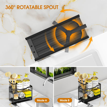 2-Tier Rustproof Kitchen Sink Caddy with Self-Draining Tray, Dish Brush & Sponge Holder, Non-Slip Base - Black