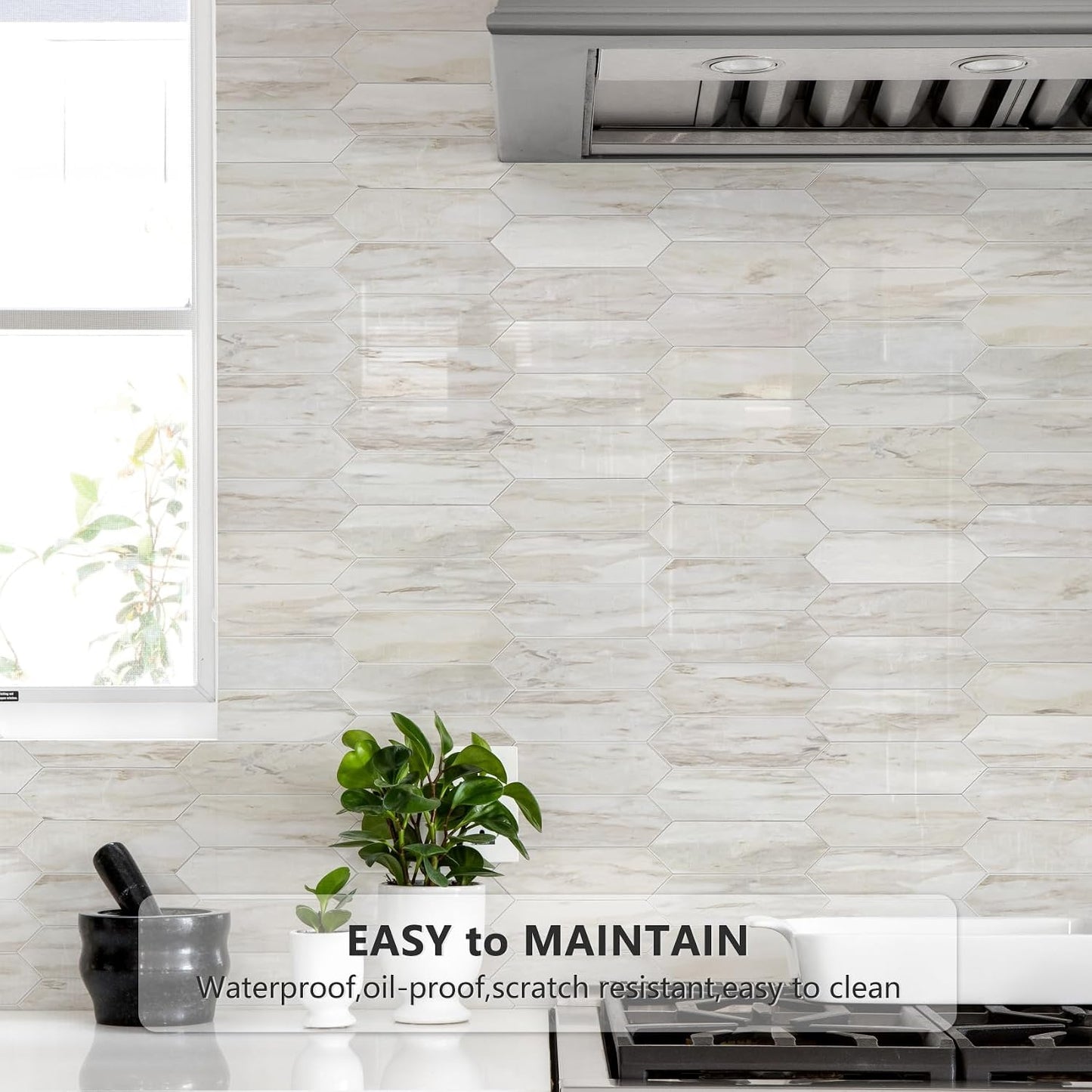 Vamos Tile Glossy Dolomite White Backsplash Tile Peel and Stick, 12.8 x 12.8 Inch 10 Sheets Long Hexagon PVC Self Adhesive Mosaic Wall Tiles Stick on Backsplash for Kitchen and Bathroom
