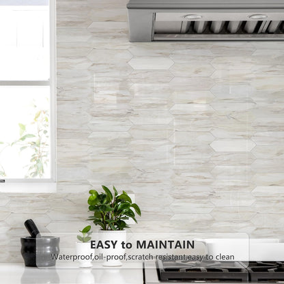 Vamos Tile Glossy Dolomite White Backsplash Tile Peel and Stick, 12.8 x 12.8 Inch 10 Sheets Long Hexagon PVC Self Adhesive Mosaic Wall Tiles Stick on Backsplash for Kitchen and Bathroom