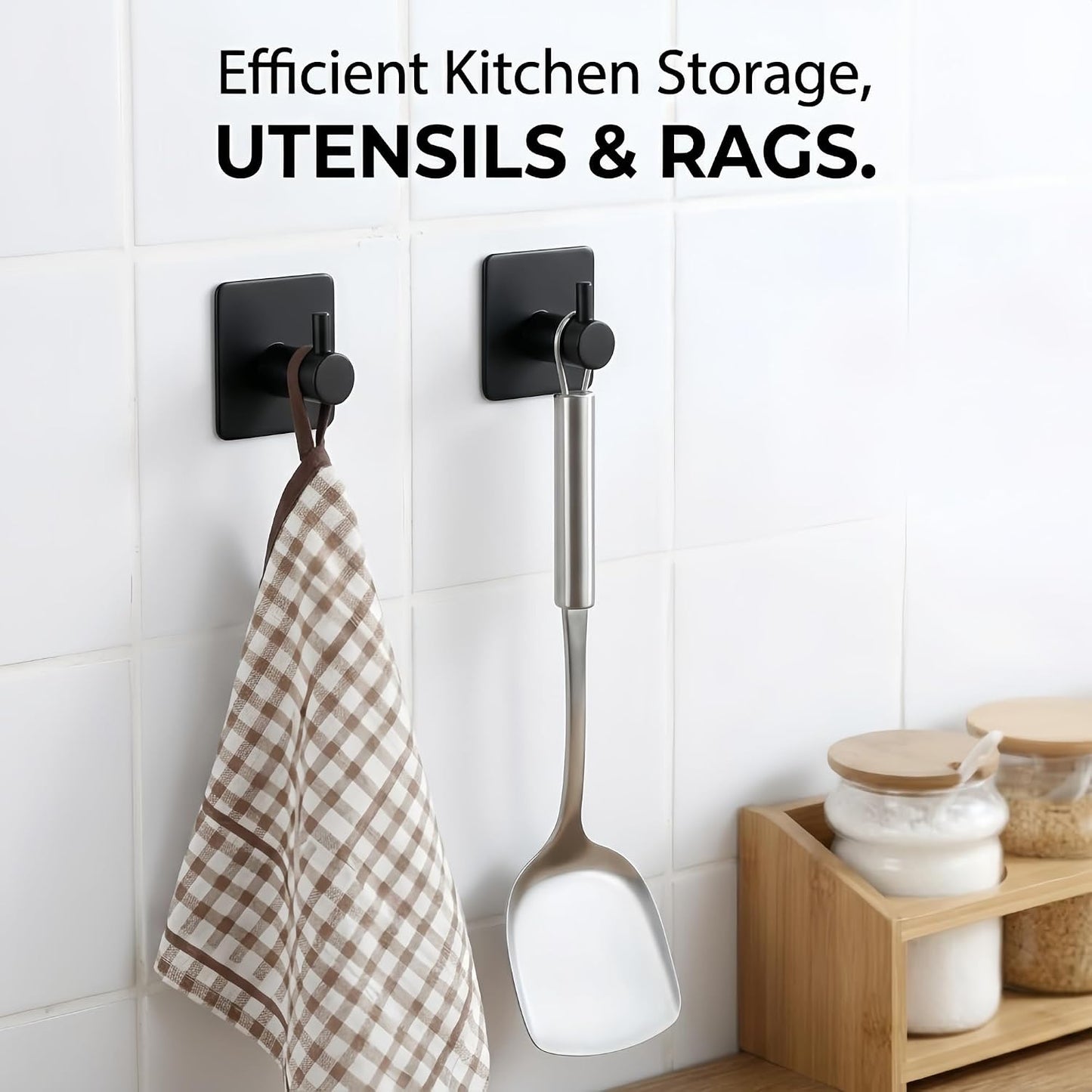 4 Pack Adhesive Hooks for Hanging - 304 Stainless Steel Heavy Duty Wall Hooks, Waterproof & Rustproof Towel Hooks for Bathroom, Self Adhesive Coat Hooks for Kitchen, Closet, Home Organization, Black