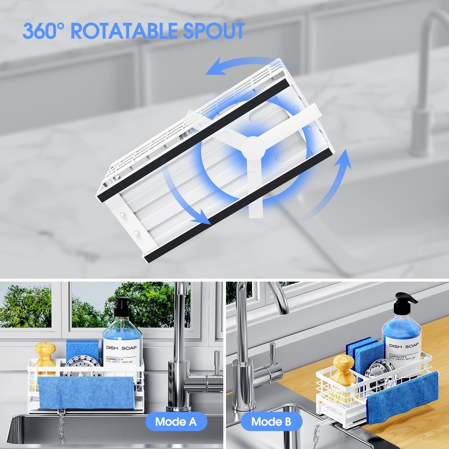 Kitchen Sink Sponge Holder, Rustproof Non-Slip Self-Draining Metal Sink Caddy with Detachable Dish Cloth Holder (Black)
