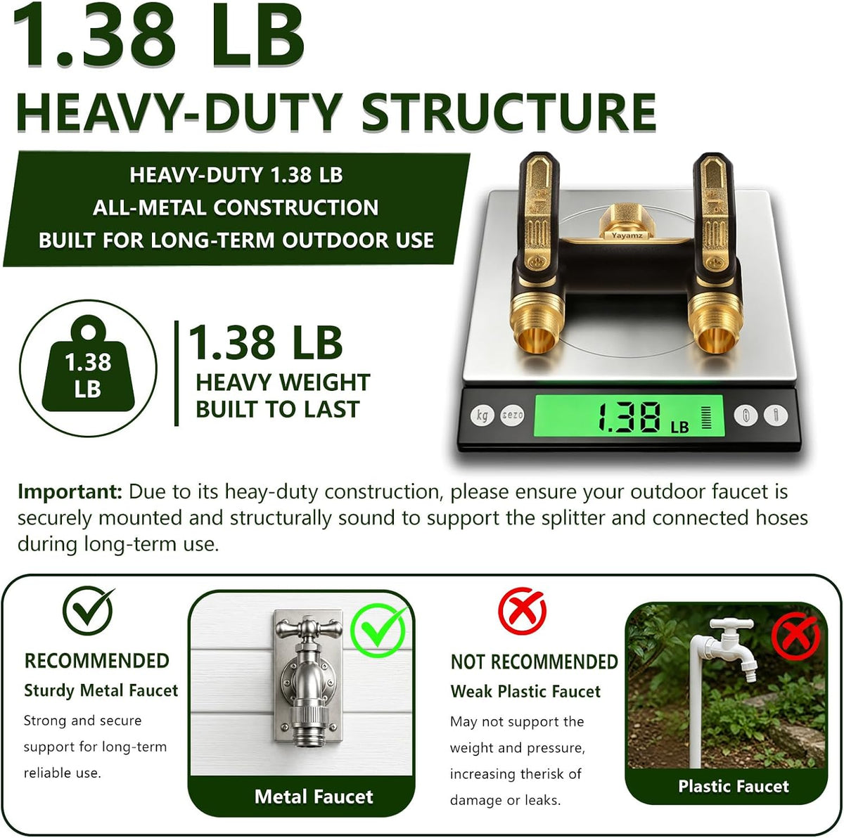 Garden Hose Splitter 2 Way,Heavy Duty All Metal Water Hose Y Splitter | Shut Off Valves,3.6" Easy-Turn Handles,Full Flow Leak-Resistant 3/4" GHT Outdoor Faucet Splitter for Lawn,Garden & Irrigation