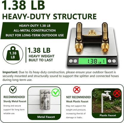 Garden Hose Splitter 2 Way,Heavy Duty All Metal Water Hose Y Splitter | Shut Off Valves,3.6" Easy-Turn Handles,Full Flow Leak-Resistant 3/4" GHT Outdoor Faucet Splitter for Lawn,Garden & Irrigation