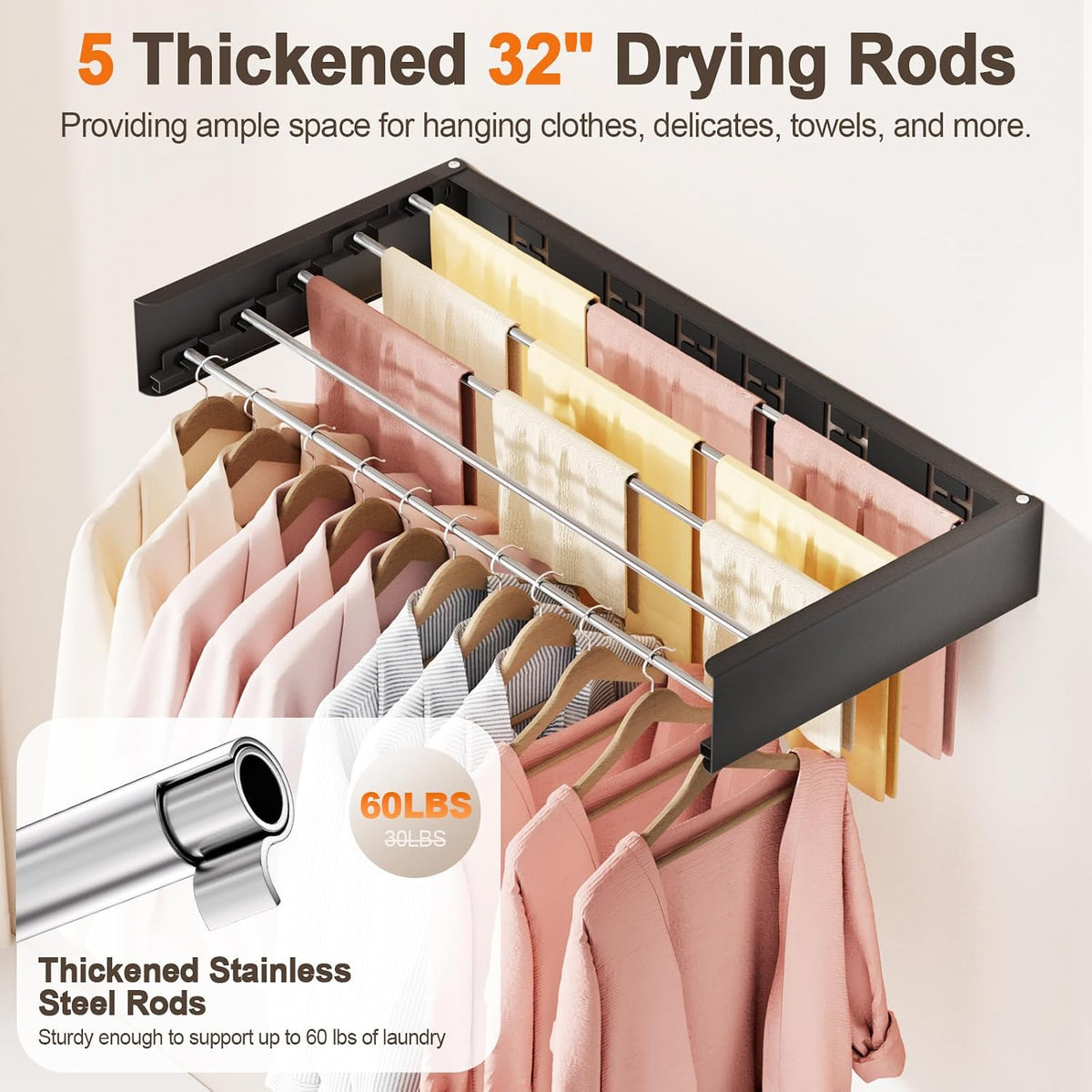 Wall Mounted Clothes Drying Rack Folding Indoor, Foldable Laundry Drying Rack Collapsible,Invisible, Space Saving, Retractable Towel Drying Rack, with Wall Template(5 Drying Rods, White 32")