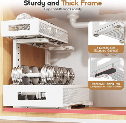 2-Pack Under Sink Storage Organizer, Large 2-Tier Elegant Mesh Pull Out Shelf for Kitchen and Bathroom Cabinet Organization, L-Shaped and Adjustable Height Design,Patent Pending-Black