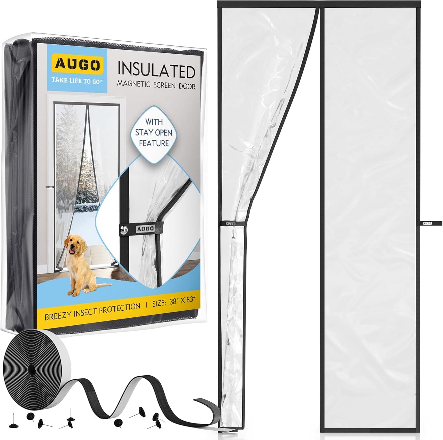 AUGO Heavy Duty Magnetic Screen Door – Fiberglass Pet Resistant Mesh, Self Sealing Hands Free Magnetic Closure, Tear Resistant Door Screen Keeps Bugs Out, Patent Pending Keep Open Feature – 38” x 83”