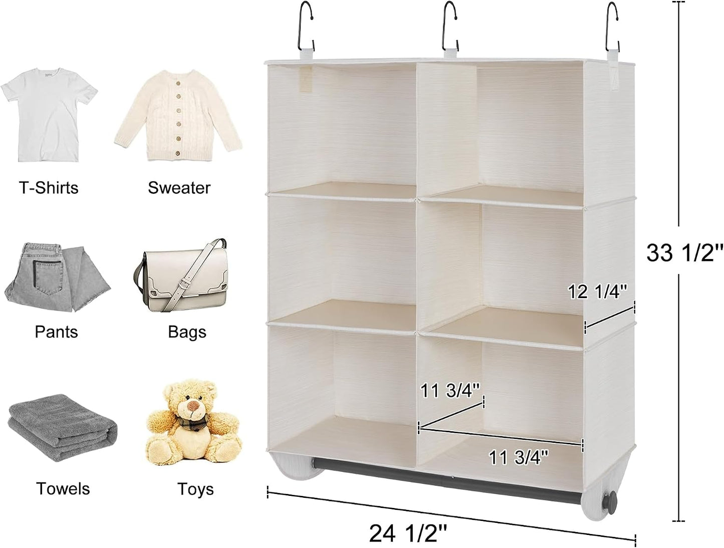 StorageWorks Hanging Closet Organizer with Metal Rod, 4-Section Closet Organizers and Storage, Collapsible Hanging Shelves for Baby Clothes, Shoes, Sweater Storage, Ivory and White