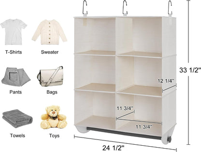 StorageWorks Hanging Closet Organizer with Metal Rod, 4-Section Closet Organizers and Storage, Collapsible Hanging Shelves for Baby Clothes, Shoes, Sweater Storage, Ivory and White