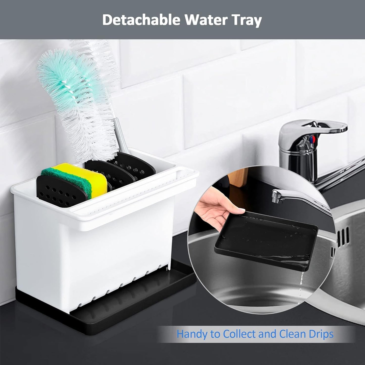 JOMOLA Kitchen Sink Organizer Dish Brush Sponge Holder Caddy Toothbrush Holders for Bathrooms Sinkware Kitchen Utensil Holder Sink Caddy Organizer with 4 Separate Dividers Removable Drain Tray (Grey)
