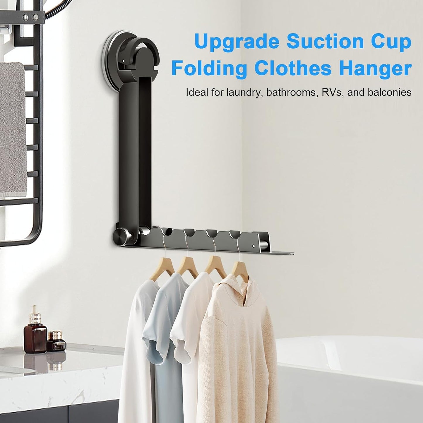 Clothes Drying Rack Wall-Mounted Suction Cup Folding Clothes Drying Rod Space-Saving Closet Rod with Retractable Rod for Laundry Bathroom RV Balcony, Black