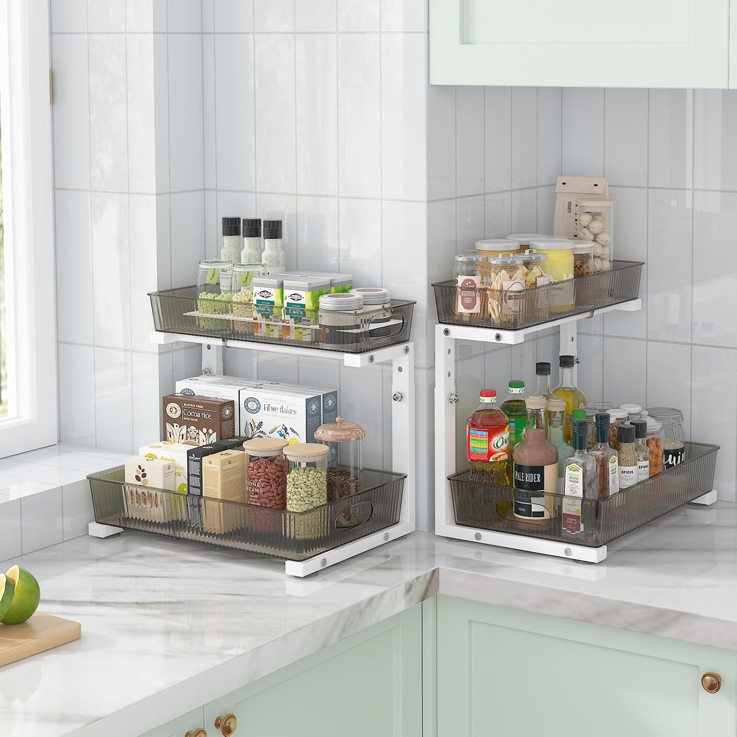 ADRIMER Under Sink Organizer 2 Packs, Pull Out Kitchen Sink Organizer, 2 Tier Slide Out Kitchen Organizers and Storage Bathroom Under Cabinet Storage Shelf, Transparent & White