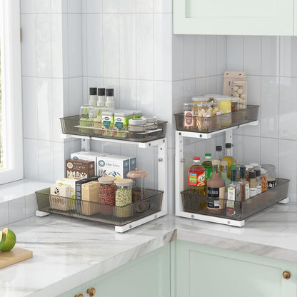 ADRIMER Under Sink Organizer 2 Packs, Pull Out Kitchen Sink Organizer, 2 Tier Slide Out Kitchen Organizers and Storage Bathroom Under Cabinet Storage Shelf, Transparent & White