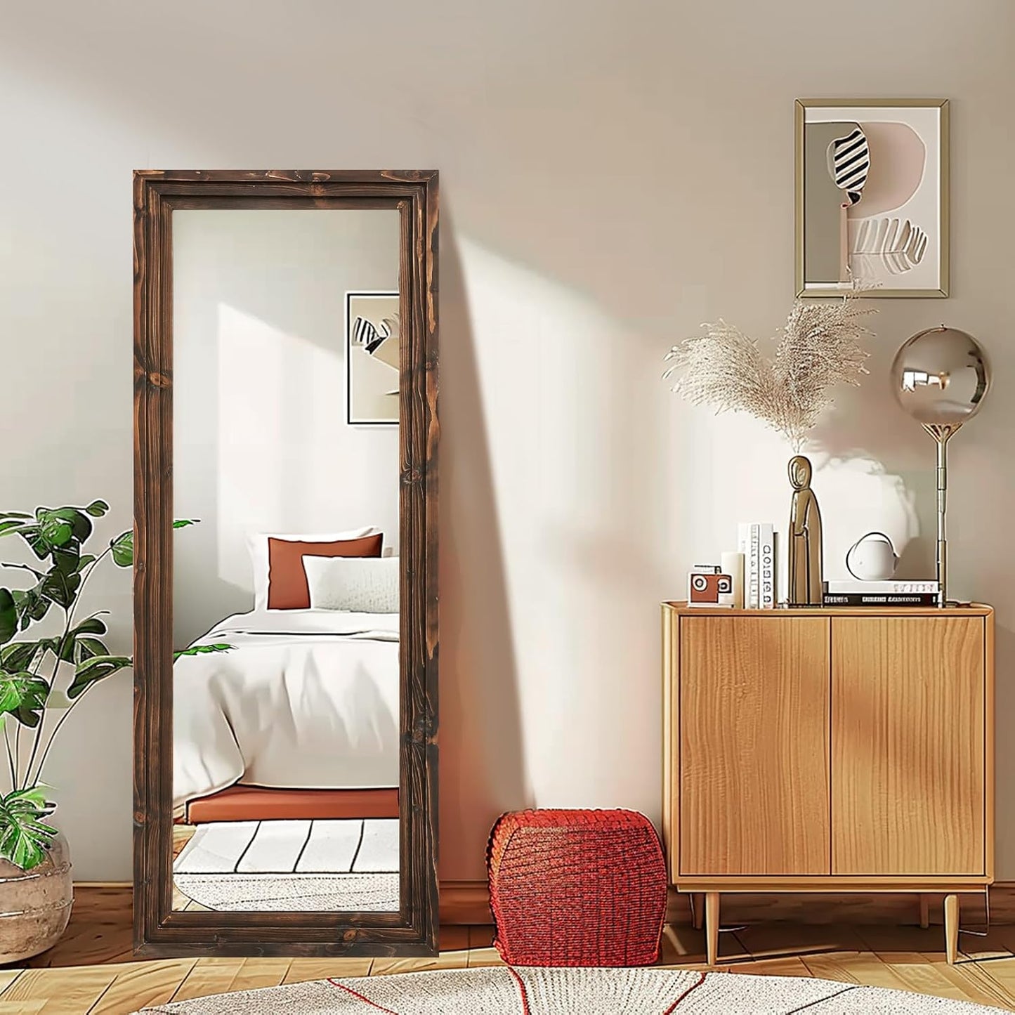 Full Length Mirror 65"x22" with Stand Solid Wood Frame Floor Large Mirror for Living Room, Bedroom Hanging Standing or Leaning Wall-Mounted, New Black