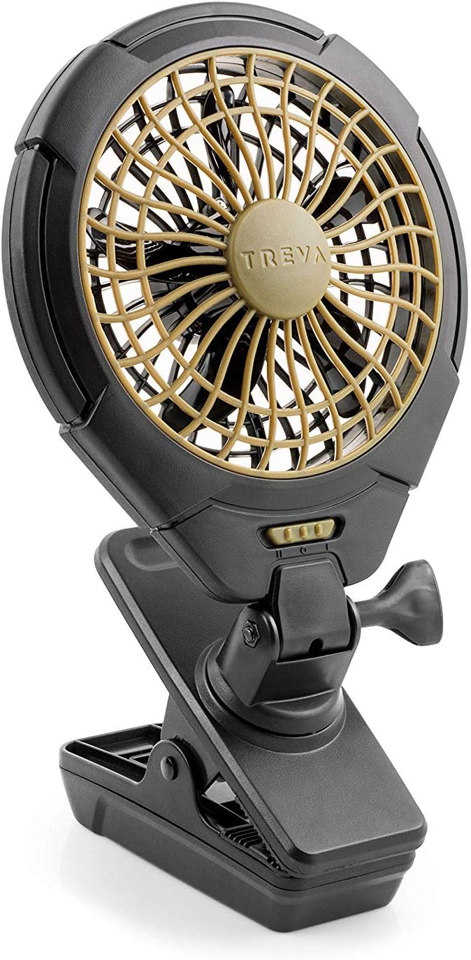 Treva 5 Inch Battery Powered Clip Slim and Portable Cooling Fan with Clamp for Travel, Outdoor,Camping, Car, Office Desk, Baby Stroller - Multi-Directional Rotating and Adjustable Head, Khaki (FC05005)