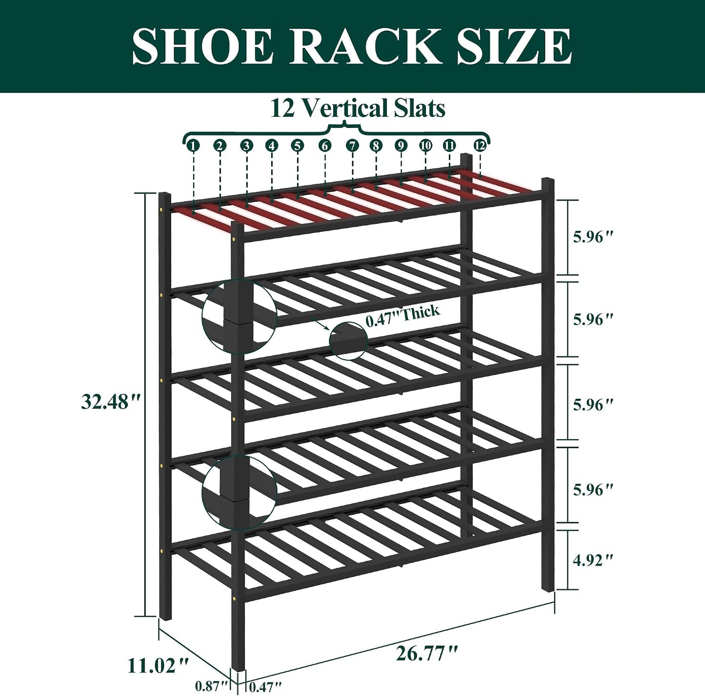 Smiry Bamboo Shoe Rack, 3 Tier Free Standing Wooden Shoe Organizer, Stackable Wood Shoe Storage Shelf for Closet, Entryway, 12 Vertical Slats, 2+1 Stack Standard Legs, 26.8"x11"x19.5", Natural