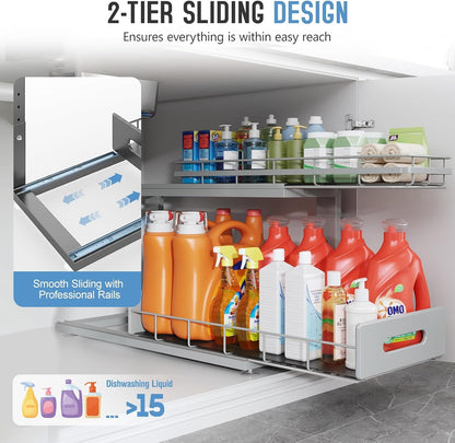 Under Sink Organizer Upgrade To Professional Rails,2-Tier Dual Pull Out Cabinet Storage,Height Adjustable Slide Out Drawers For Bathroom Kitchen,2 Pack-14.5" Dx12.8-16.9" H,White