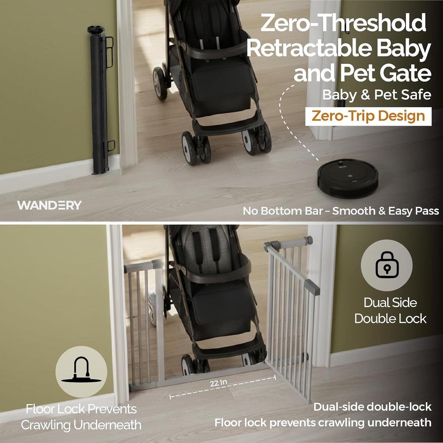 Retractable Baby Gate - 72" Wide Mesh Dog Gate with Support Rods - 34" Tall for Stairs, Doorways, Hallways - Drill or No-Drill - Pet & Cat Gate - Outdoor/Indoor (White, 5.91 Feet)