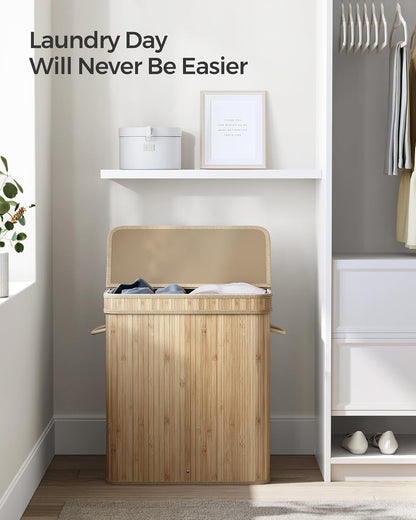 SONGMICS Laundry Hamper with Lid, Bamboo Launry Basket with Handles, Foldable Storage Basket for Laundry Room, Bedroom, 100L, Brown ULCB063K02