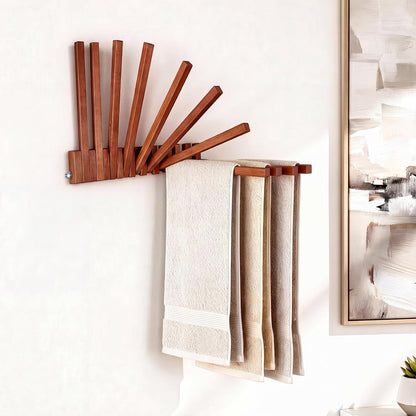 Domensi Beech Wood Wall Mounted Drying Rack for Laundry Room with 10 Mount Folding Coat Hooks Racks Drying Hanger for Bathroom Hat Towels Robes Rack Saving Space (Wood Color)