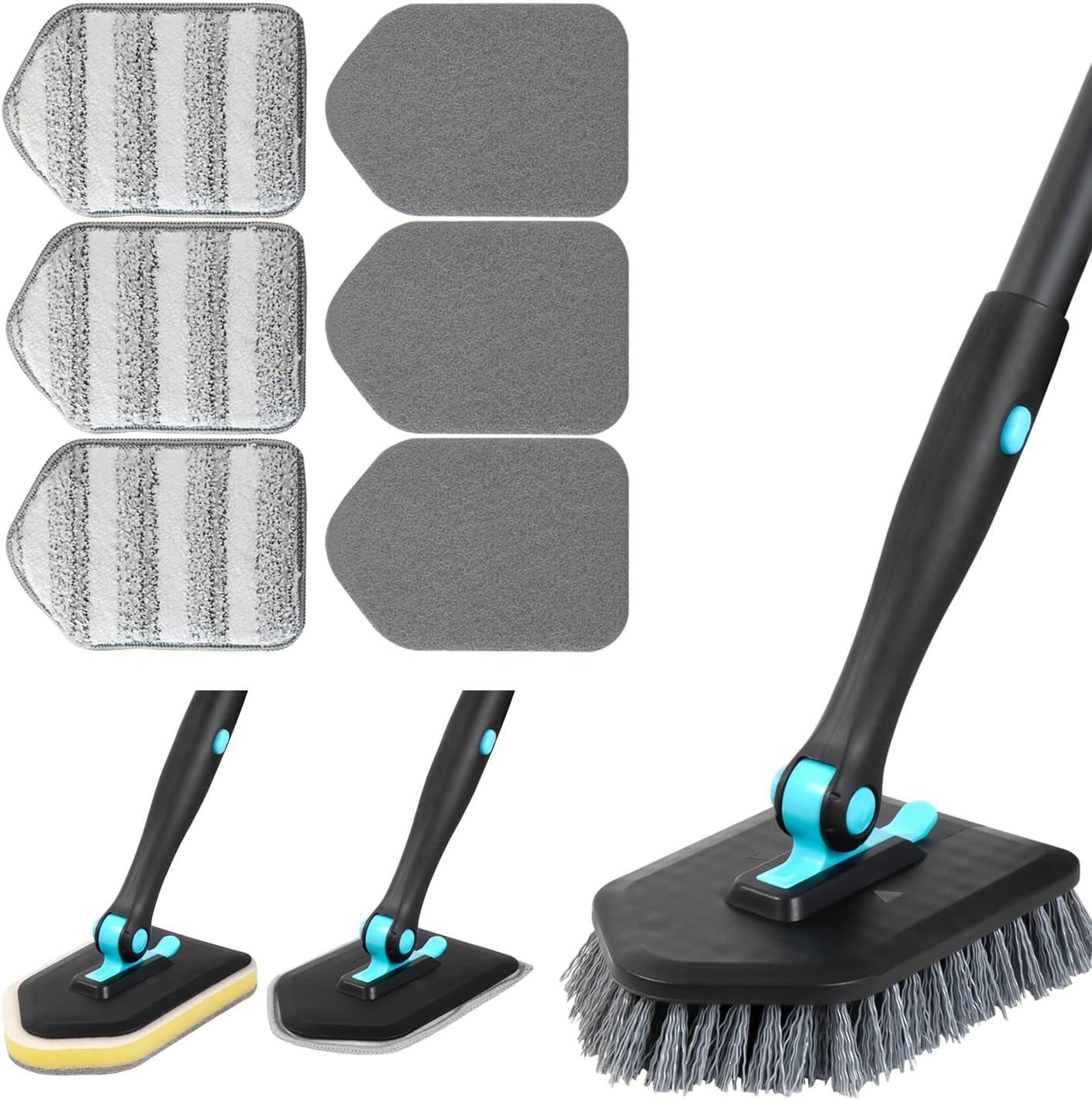 3 in 1 Scrub Cleaning Brush with Long Handle 51'' - Shower Bathtub Tub & Tile Scrubber Brush Include 1 Stiff Brush Head & 3 Scouring Pads & 3 Microfiber Clothes, for Wall Bathroom Glass Bathtub(White)