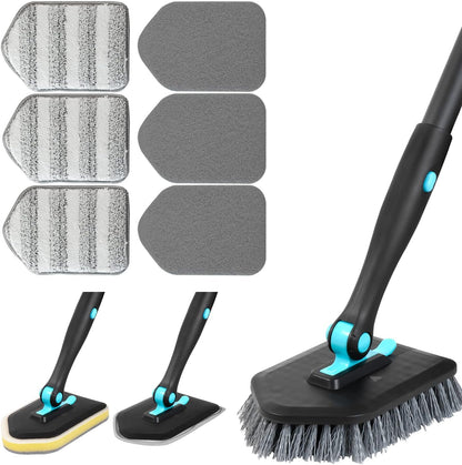 3 in 1 Scrub Cleaning Brush with Long Handle 51'' - Shower Bathtub Tub & Tile Scrubber Brush Include 1 Stiff Brush Head & 3 Scouring Pads & 3 Microfiber Clothes, for Wall Bathroom Glass Bathtub(White)