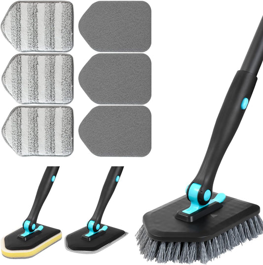 3 in 1 Scrub Cleaning Brush with Long Handle 51'' - Shower Bathtub Tub & Tile Scrubber Brush Include 1 Stiff Brush Head & 3 Scouring Pads & 3 Microfiber Clothes, for Wall Bathroom Glass Bathtub(White)