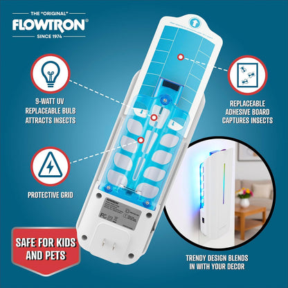 Flowtron Indoor Plug-in Fly Trap, 9W UV Light Electric Insect Trap with Adhesive Board – Silent Mosquito, Gnat & Fruit Fly Catcher, 375 Sq Ft Coverage (White)