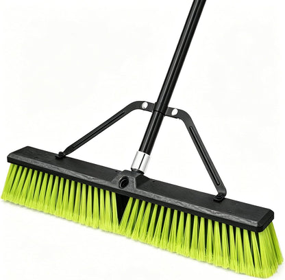 TidyBliss 24” Push Broom Outdoor Heavy Duty, Large Commercial Stiff Bristle Brush with 63 inches Long Handle for Garage Shop Garden Yard Patio Deck Street Warehouse Lawn Driveway (Yellow-Green)