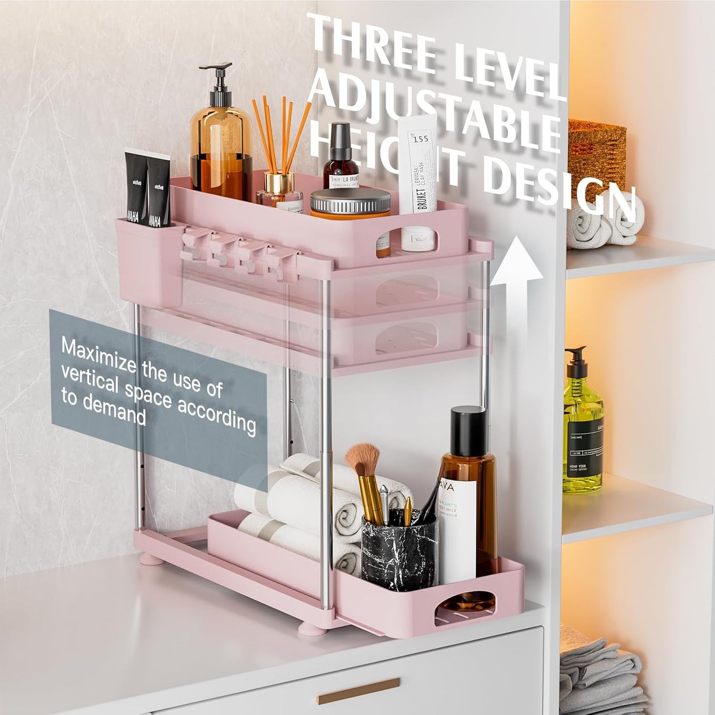 VERIFOST 2 Pack Under Sink Organizers and Storage, Double Sliding Kitchen Cabinet Organizer, 2 Tier Height Adjustable Countertop Organizer for Kitchen Bathroom Laundry, White