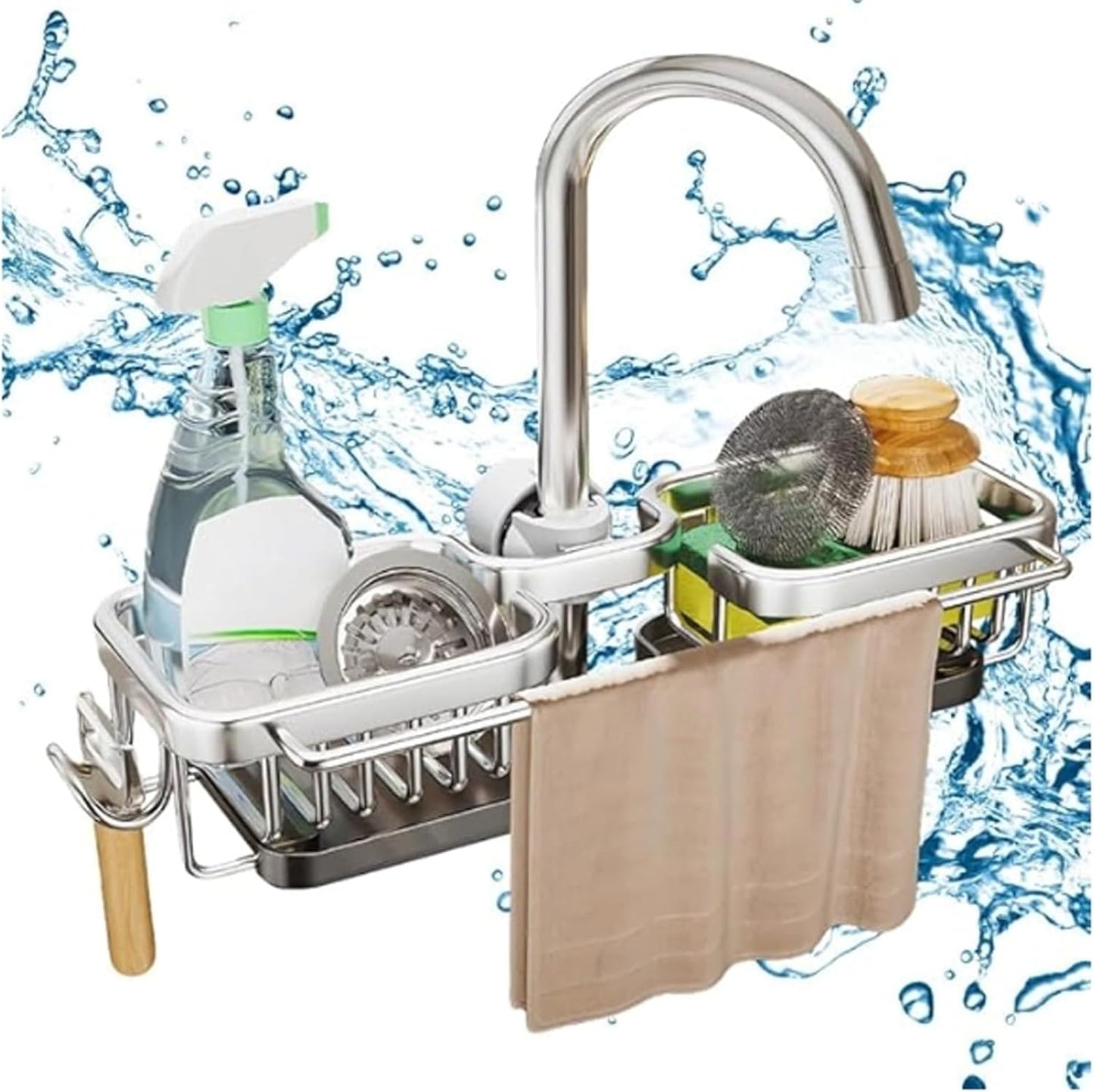 Kitchen Sink Faucet Organizer Multifunction Sponge Holder Organizer Sink Drain Holder Over Faucet Kitchen Sink Caddy with Hook Adjustable for 0.7-1.1inch Round Water Pipe (Black, B)