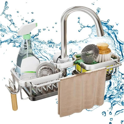 Kitchen Sink Faucet Organizer Multifunction Sponge Holder Organizer Sink Drain Holder Over Faucet Kitchen Sink Caddy with Hook Adjustable for 0.7-1.1inch Round Water Pipe (Black, B)
