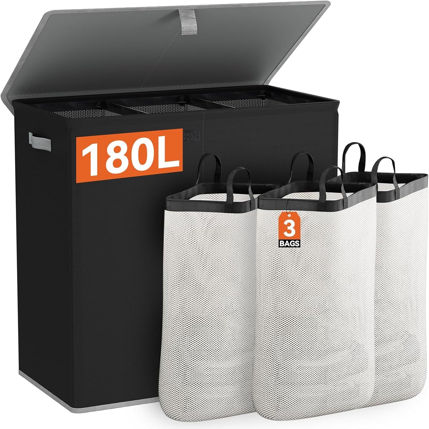 WOWLIVE Laundry Hamper with Lid,160L Large Laundry Basket 3 Section with Removable Washing Bags,Collapsible Waterproof Dirty Clothes Hamper for Laundry Room Bathroom Dorm,Beige