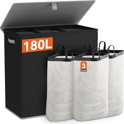 WOWLIVE Laundry Hamper with Lid,160L Large Laundry Basket 3 Section with Removable Washing Bags,Collapsible Waterproof Dirty Clothes Hamper for Laundry Room Bathroom Dorm,Beige