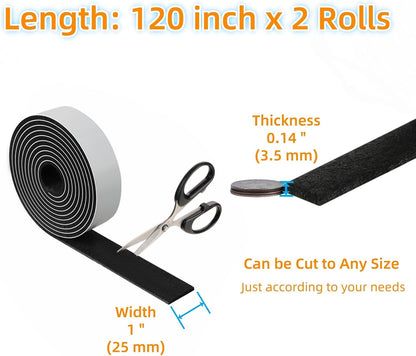 Furnigear Felt Strips with Adhesive Backing Heavy Duty Cuttable Felt Tape Roll Furniture Pads for Chair Legs - Protecting Hardwood Floors, Chair Wall Protector (Black, 80 x 0.5 x 0.14 Inch)