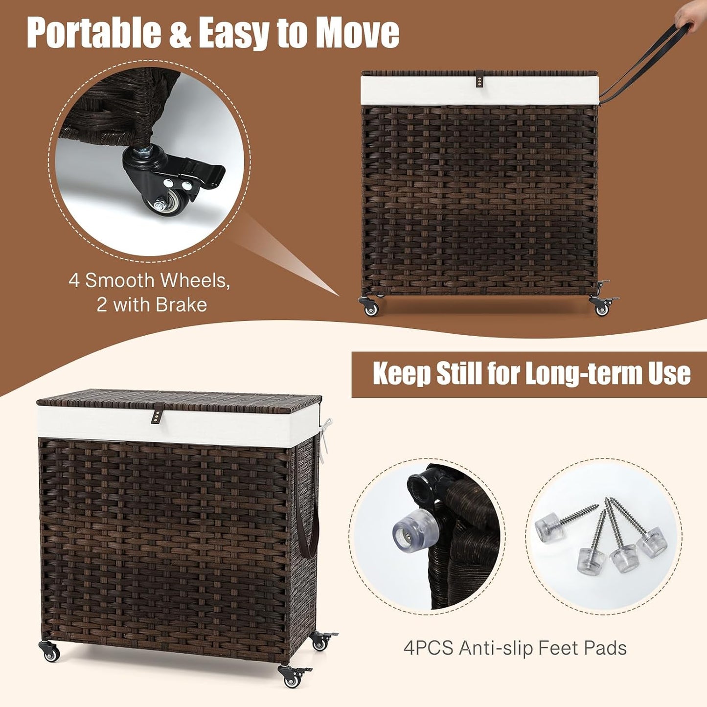 GOFLAME Laundry Hamper with Lid and Wheels, 125L Hand Woven Rattan Laundry Basket with 3 Divided Sections, Handles, 2 Removable and Washable Liner Bags, Dirty Clothes Hamper for Bedroom (Natural)