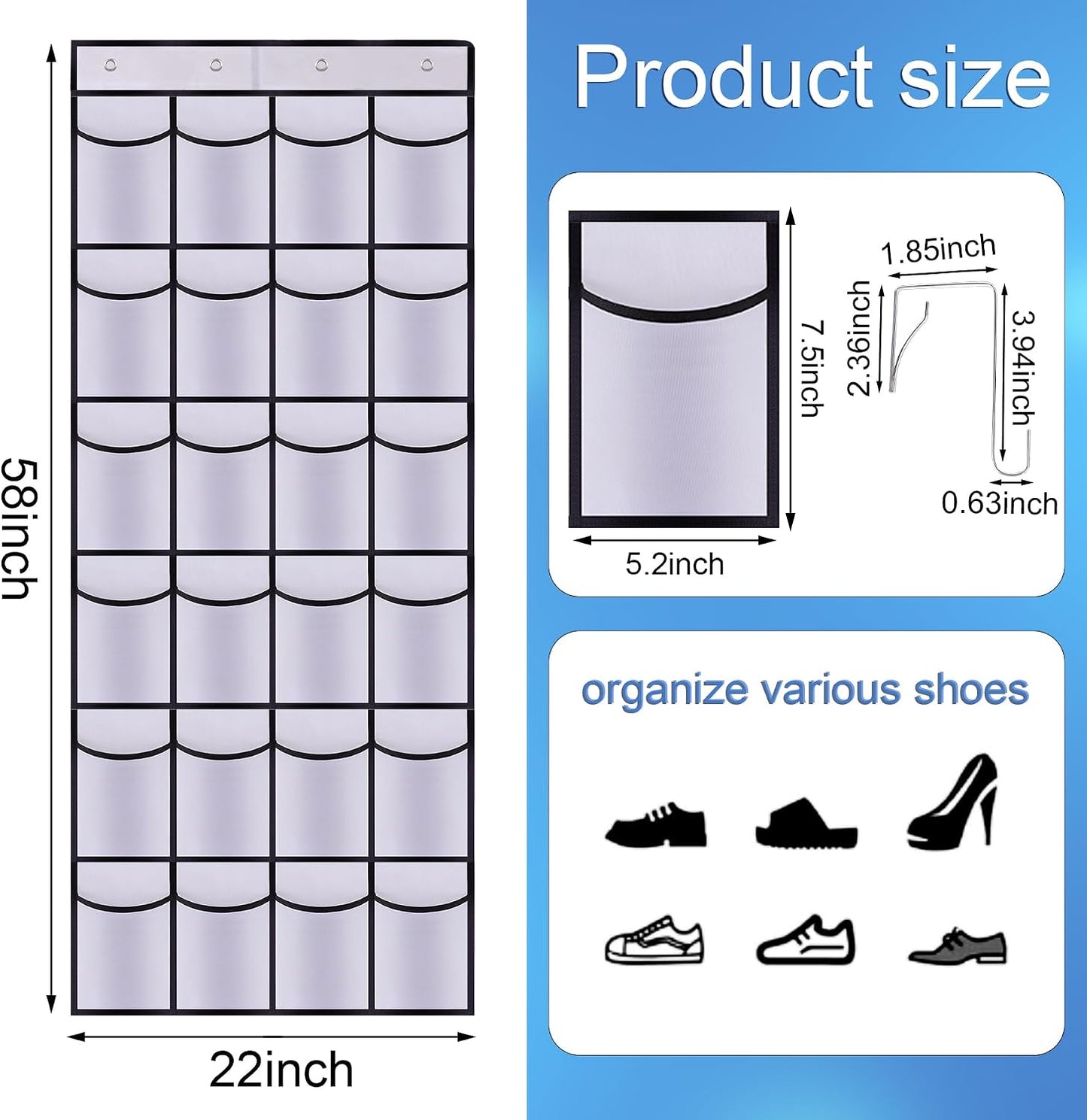 Over the Door Shoe Organizer,24 Mesh Pockets,Hanging Storage (White) | Large breathable mesh pockets for shoes, accessories,and small items,hanging storage holder for bedroom,closet,or entryway.