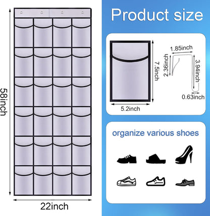 Over the Door Shoe Organizer,24 Mesh Pockets,Hanging Storage (White) | Large breathable mesh pockets for shoes, accessories,and small items,hanging storage holder for bedroom,closet,or entryway.