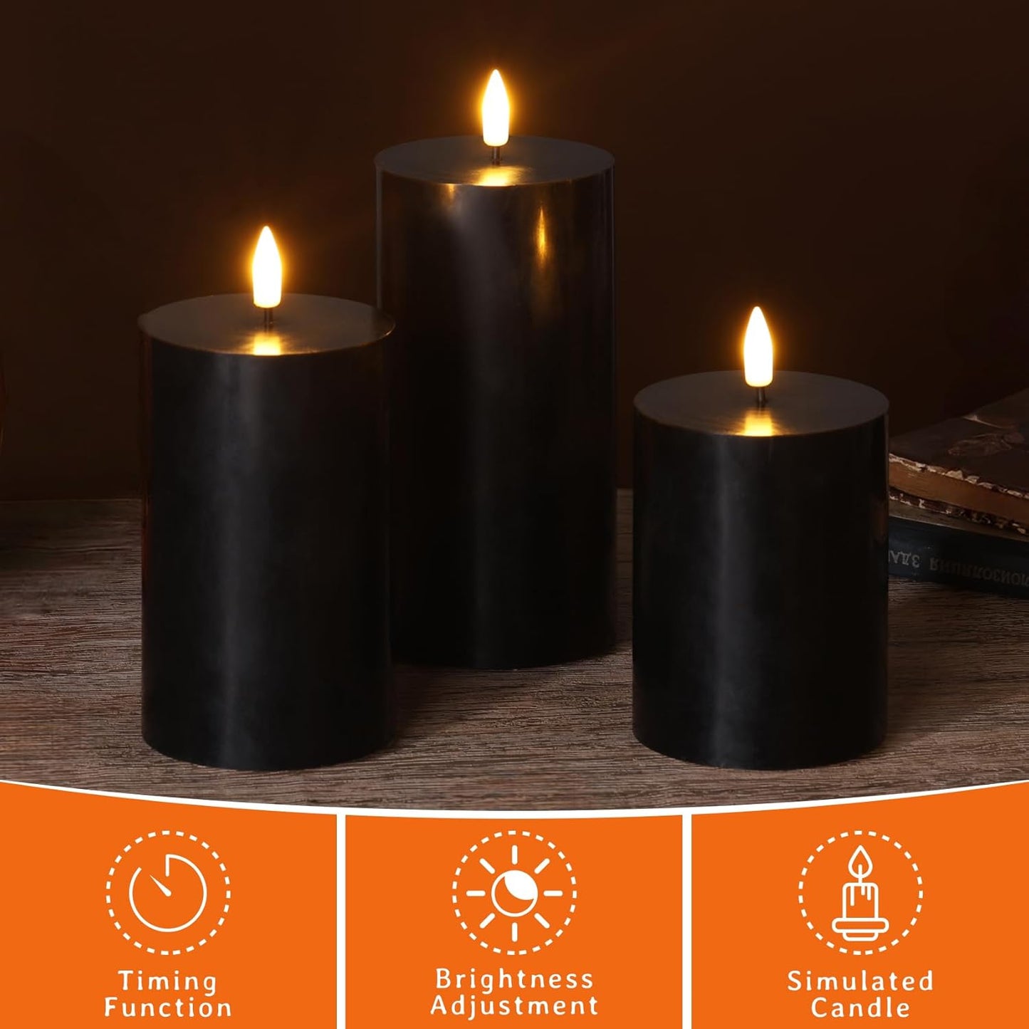 Black Flameless Pillar Candles with Remote, Flickering LED Wax Candles Battery Operated Set of 3