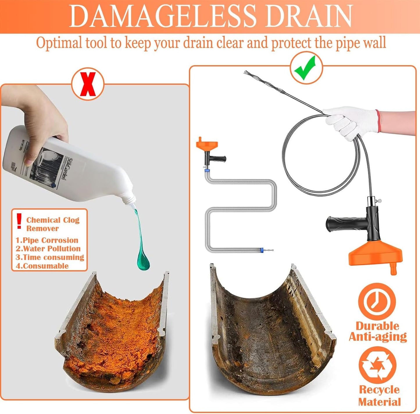 33 FT Drain Snake Auger, Plumbing Snake Drain Hair Clog Removal Tool, Sink Unclogger Drain, Heavy Duty Drum Auger, Cleaner Tool for Bathroom Kitchen Tub Shower Drain Clog Remover with Gloves