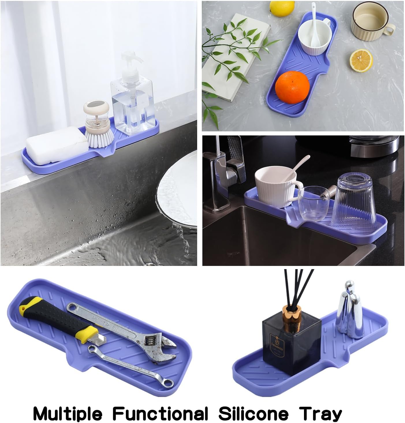 MicoYang Silicone Bathroom Soap Dishes with Drain Spout-Bathroom and Kitchen Sink Organizer,Sponge Holder,Dish Soap Tray,Perfect for Dispenser,Scrubber,Bottle,Cup on Sink or Counter-Coffee 4.9"×3.2"
