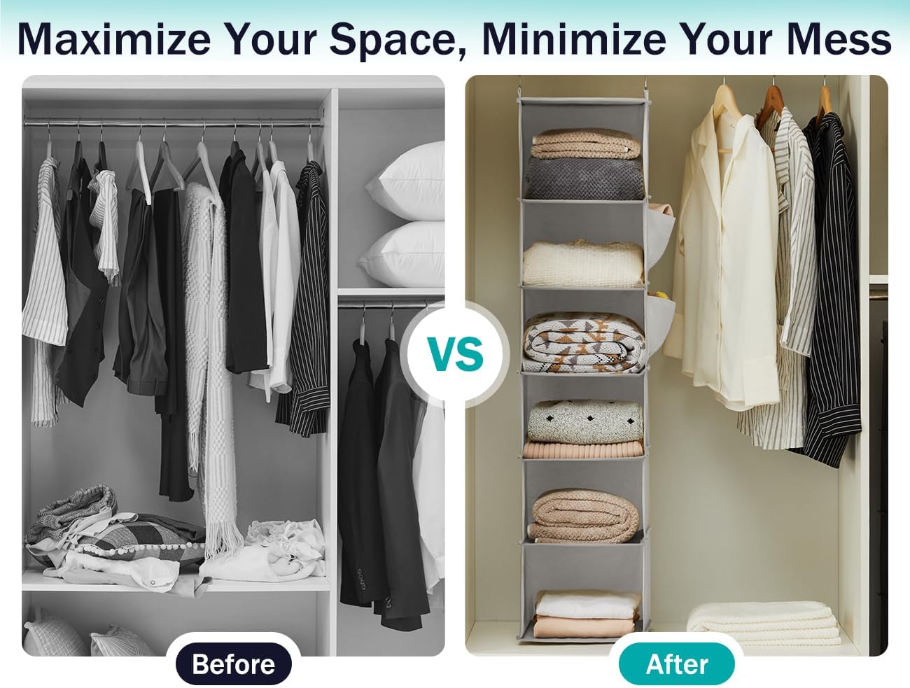YOUDENOVA Hanging Closet Organizer, 6-Shelf Closet Hanging Storage Shelves, 2 Packs, Grey