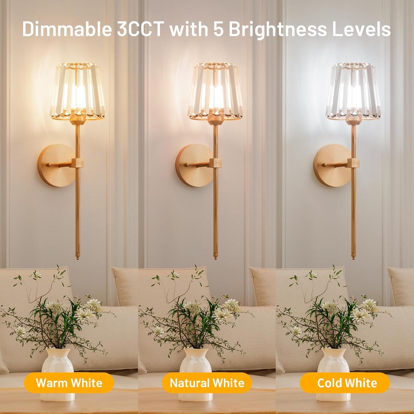 Crystal Battery Operated Wall Sconces Set of 2, Gold Rechargeable Wireless Wall Sconce Lights with Crystal Lampshade, 12 RGB and 3CCT Dimmable Wall Lamps with Remote for Bedroom Living Room Hallway