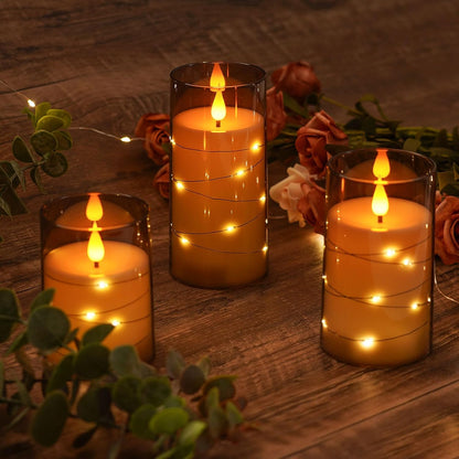 Amagic Red Flameless Candles 3 Set, Flickering Battery Operated Candles Embedded Fairy String Light, Realistic Pillar Candle with Remote Control and Timer, Acrylic, D3 x H4 5" 6"